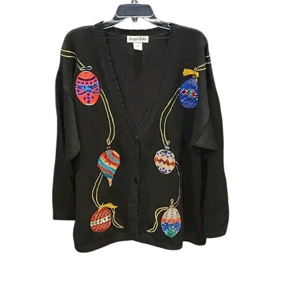 Jacque & Koko Womens 18/20  Christmas Cardigan Sweater Embroidered Ornaments - Picture 1 of 8